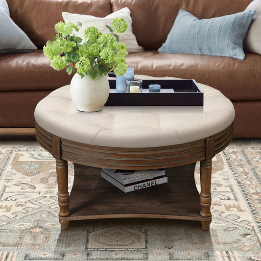 Oversized Round Tufted Ottoman Coffee Table with Storage Shelf – Beige – view 2