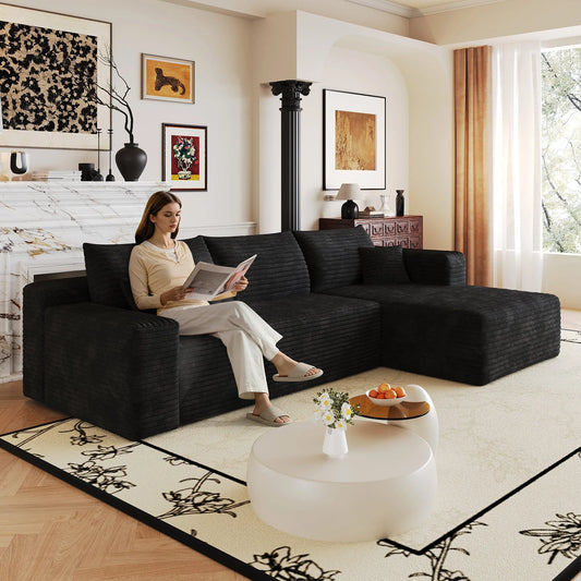 103-Inch Corduroy L-Shaped Cloud Sectional Sofa – Black – view 2