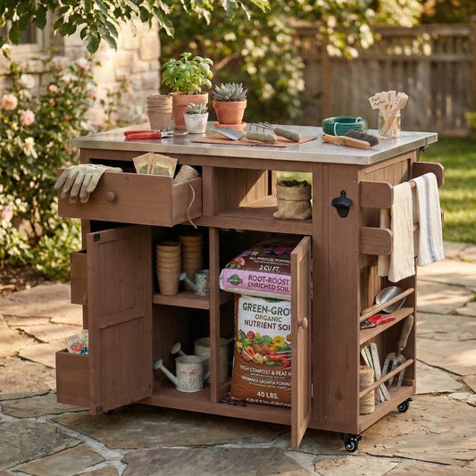 Extendable Outdoor Kitchen Island with Stainless-Steel Top – Brown – view 2