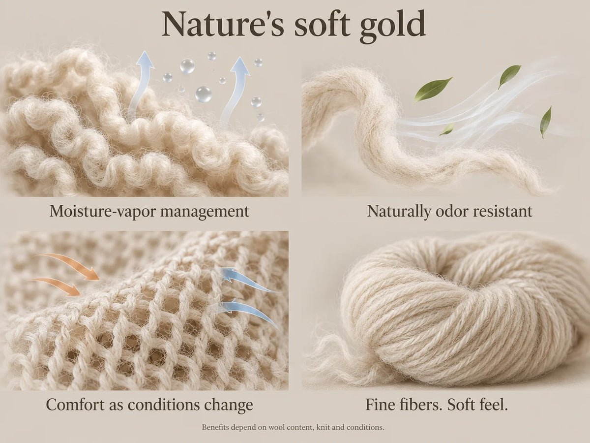 Merino wool visual guide to moisture vapor, odor resistance, natural crimp and softness