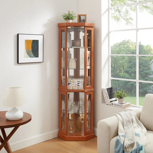 Corner Glass Cabinet Lighted Curio Cabinet Corner Display Case for Living Room, Curio Cabinet, Antique collection, Wine, Bar Glass Storage Light Included, Dark oak detail view 2