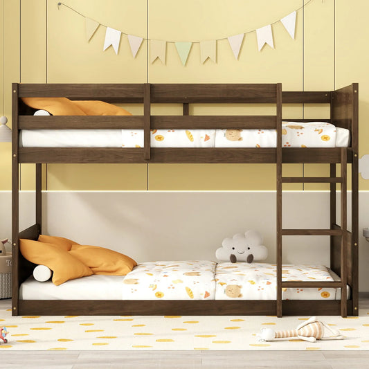 Twin over Twin Floor Bunk Bed with Panelled Headboard and Footboard, Solid Rubber Wood Foundation with Safety Guardrails, Built-in ladder, Antique Oak detail view 2