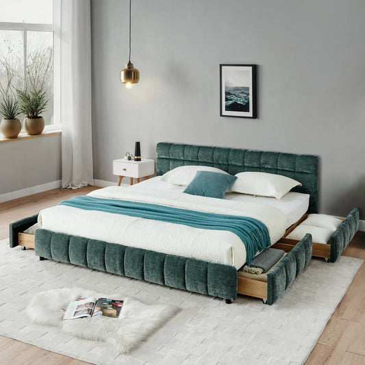 California King size Upholstered Bed, comfortable upholstered bed frame, Chenille fabric, with headboard and solid bed frame. With drawer for storage.-Blue Green(90.5''*80.5''*31'') detail view 2