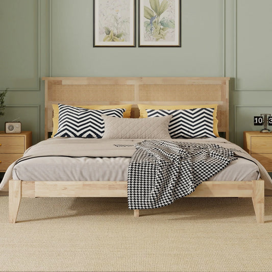 King Size Solid Wood Bed with Rattan Headboard, Rubber Wood Bed with Central Support Beams and Enhanced Feet, Natural detail view 2