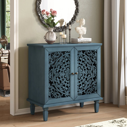 Vintage Hollow-Carved Accent Cabinet, 2-Door Display Storage Sideboard with Symmetrical Floral Design, Adjustable Shelf and Solid Wood Legs for Living Room Entryway(Antique Blue) detail view 2