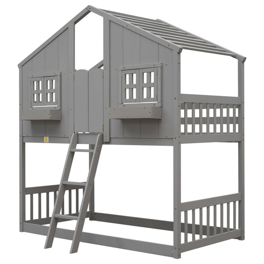 Grey Twin over Twin House Bunk Bed with Roof, Window, Box, and Door - Safety Guardrails and Ladder detail view 2