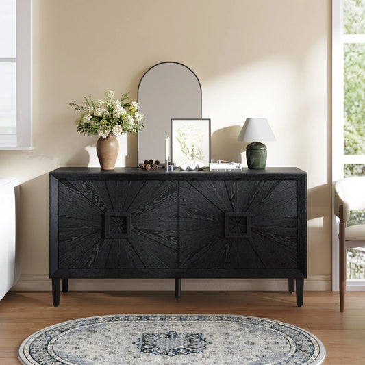 60' Premium Rustic American Farmhouse Credenza in Elegant Black - Symmetrical Sunburst Door Design, Heavy-Duty TV Stand with Adjustable Shelves, Black Wood Storage Cabinet detail view 2