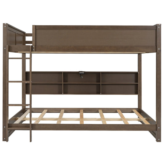 Queen over Queen Bunk Bed with Storage Cabinets and USB Ports in Antique Wood Color, Solid Pine Wood+MDF detail view 2