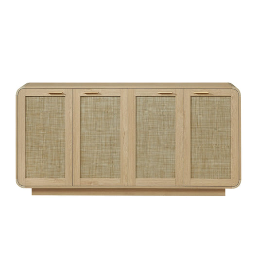 Rattan Storage Sideboard Buffet Cabinet with 4 Doors, Integrated Sturdy Base, Perfect for Living Room, Kitchen and Dining Room, Natural detail view 2