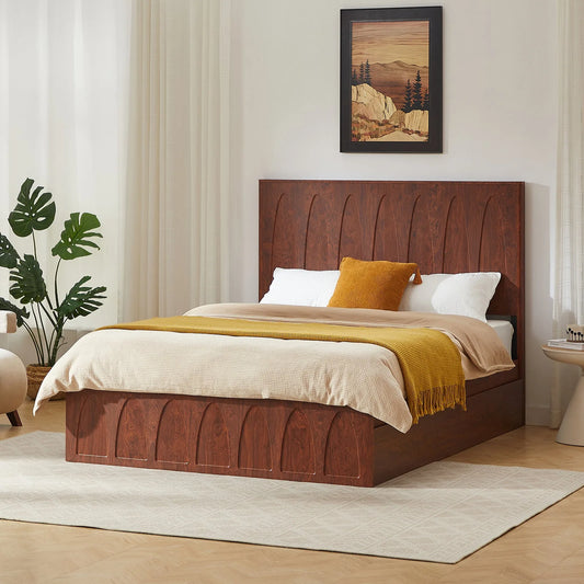 Queen Size Solid Wood Platform Bed Frame with Side Storage Drawers, Curved Headboard Wood Slat Support, No Box Spring Needed, Minimalist Natural Wood Bedroom Bed( Queen) detail view 2