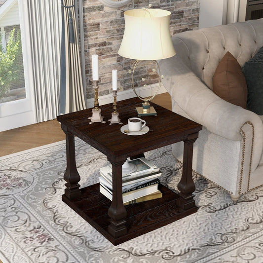 24.8' Farmhouse Wood End Table with Storage Shelf, 2-Tier Vintage Side Table with Carved Legs, Square Decorative Nightstand for Living Room & Bedroom, Espresso detail view 2