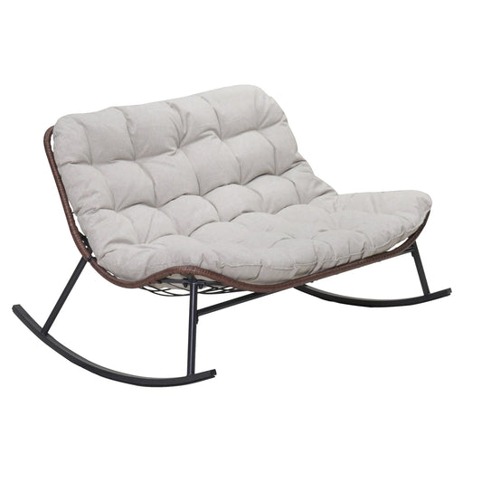 Double Wide Rocking Papasan Chair in Acacia Wood and Beige with Steel Frame, 2-Person Outdoor Lounge Seating detail view 2