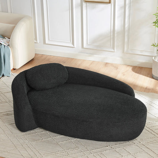 Modern Oval Single Lazy Sofa Chair with Integrated Backrest, Side Armrest and Pillow, Compact Space-Saving Lounge Chair for Living Room Bedroom-Black detail view 2