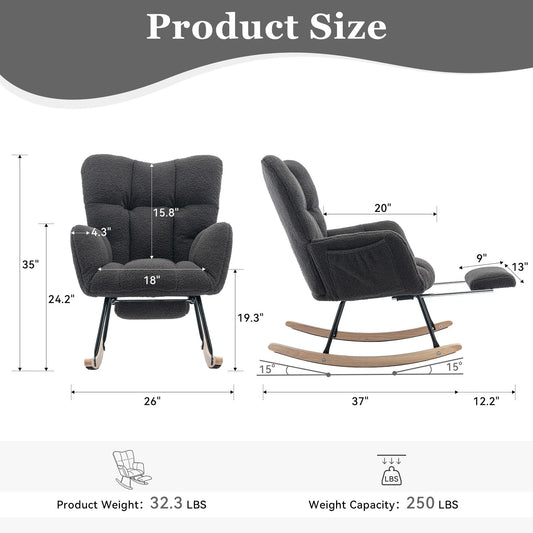 Teddy Fabric Leisure Rocking Chair With Adjustable Footstool, Nursery Rocking Chair, High Backrest, Storage Pocket On The Right Side, The Base Rocker Is Solid Wood And Metal, Dark Gray detail view 2