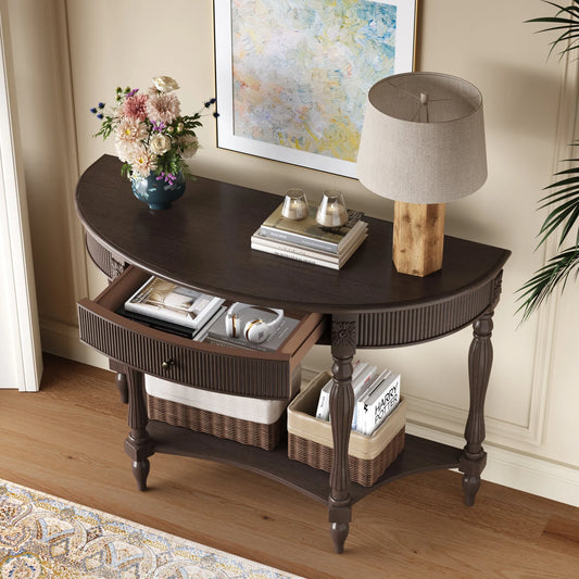 Solid Wood Half Moon Console Table with Drawer & Shelf, Fluted Vintage Curved Entryway Table for Hallway Living Room Foyer, Narrow Space Sofa Table with Roman Column Carved Legs, Deep Rustic Brown detail view 2