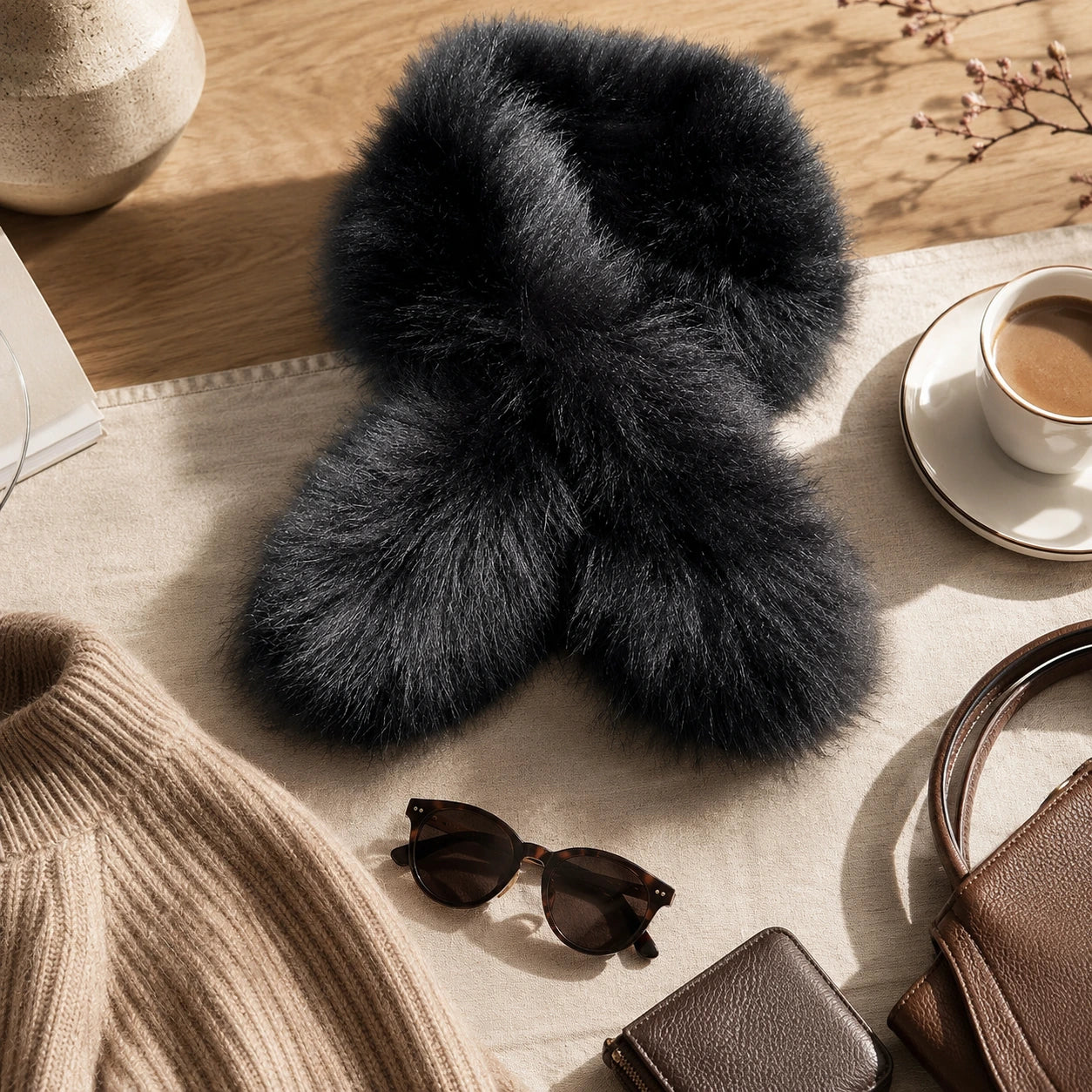 Natural black genuine fox fur scarf styled with refined winter essentials