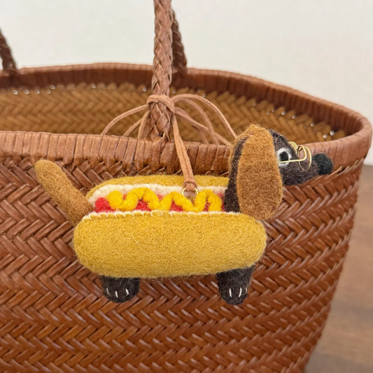 Handmade wool felt dachshund bag charm with cord loop