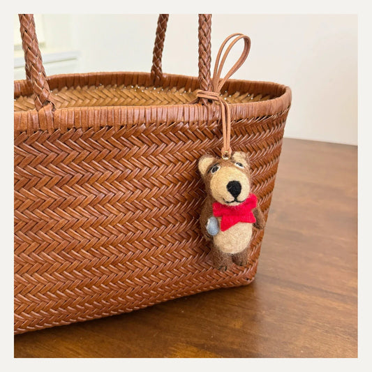 Handmade gentleman bear wool felt bag charm with red scarf and leather cord