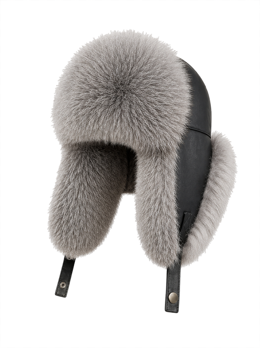 Men's Silver Gray Fox fur and black sheepskin leather trapper hat