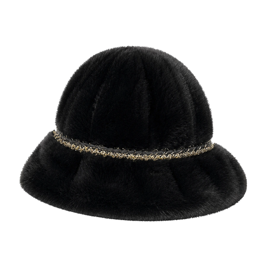 Natural Black genuine mink fur bucket hat with delicate chain trim, front product view