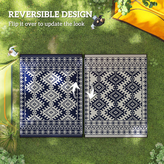 Outsunny Reversible Blue & White Rhombus Border Outdoor Patio Rug