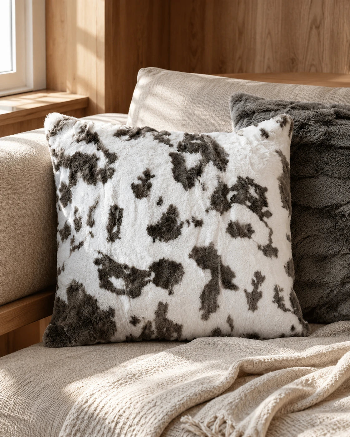 Capricornus Living Rabbit fur throw pillows layered together on a neutral sofa