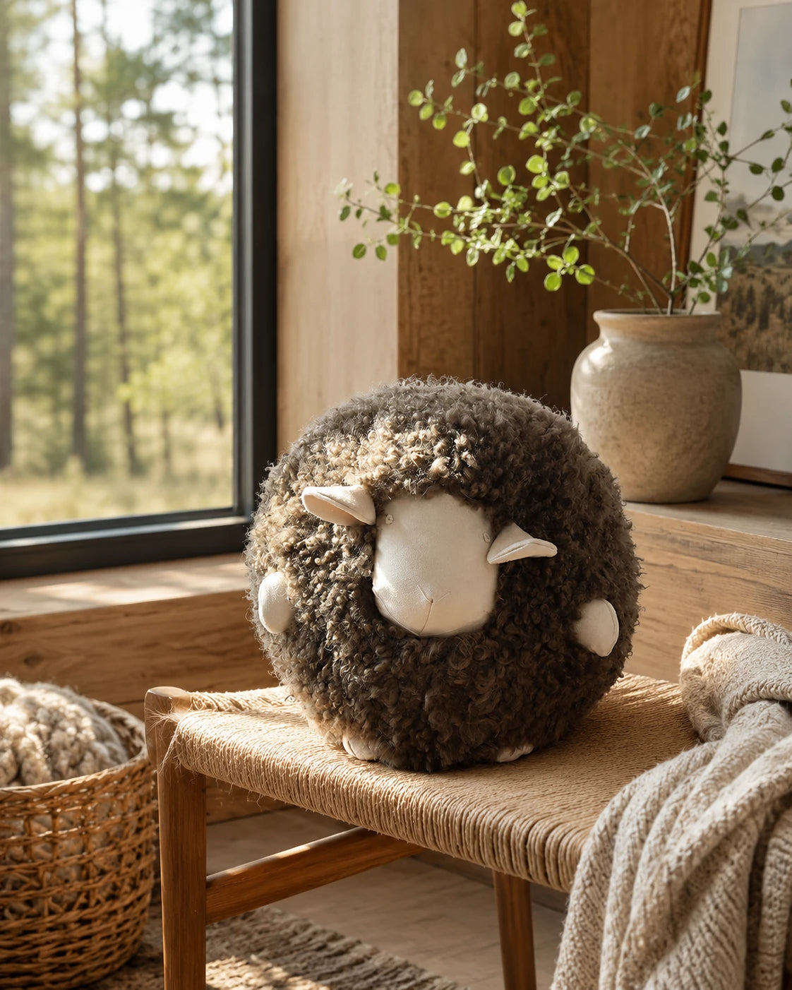 Capricornus Living Mocha Brown sheep pillow on a window bench