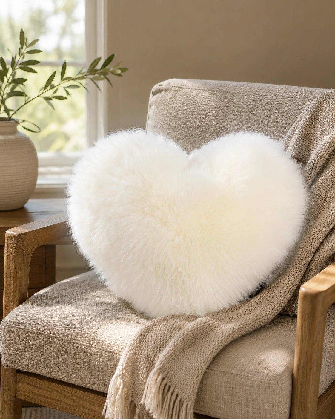 Ivory long-wool heart pillow styled on a warm wood reading chair