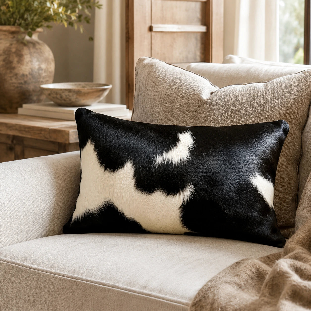 Black and white natural-panel cowhide lumbar pillow styled on a sofa