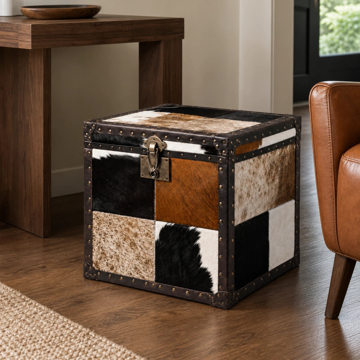 Capricornus Living Warm Tricolor cowhide storage trunk in an American walnut home office