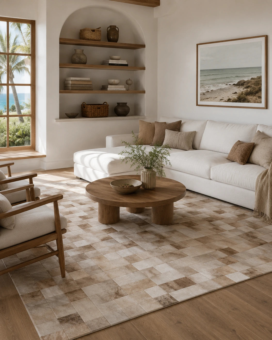 Capricornus Living Checkerboard Beige genuine cowhide rug styled in a quiet neutral interior