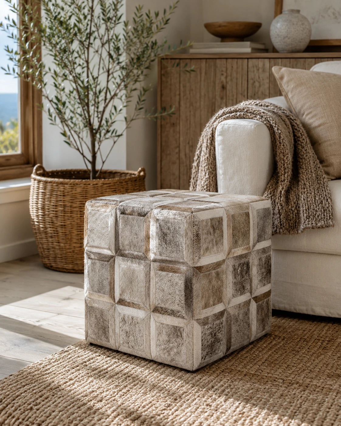 Capricornus Living Silver Gray cowhide square ottoman styled beside a neutral living-room sofa