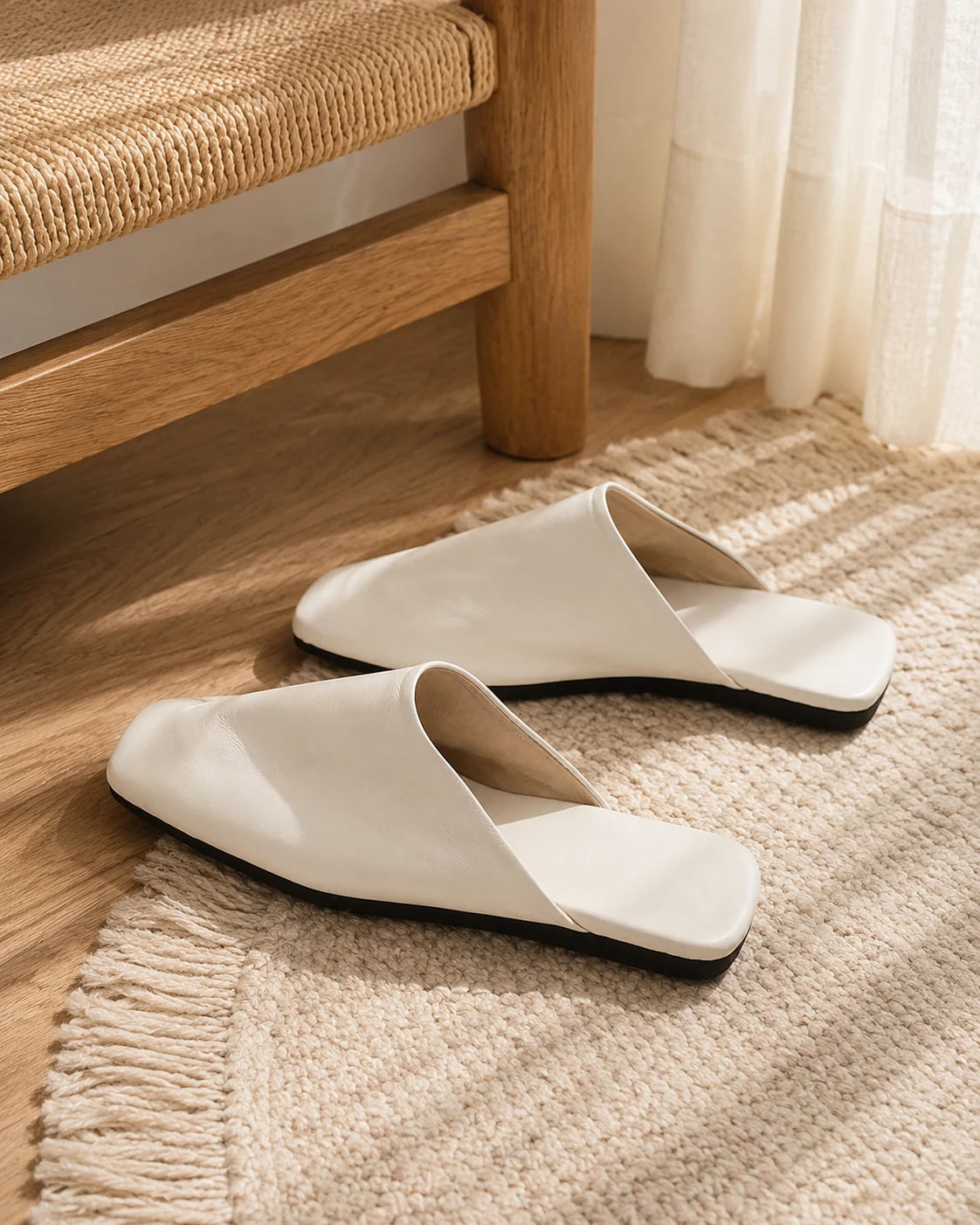Capricornus Living Ivory leather house slippers placed beside a wood bed frame