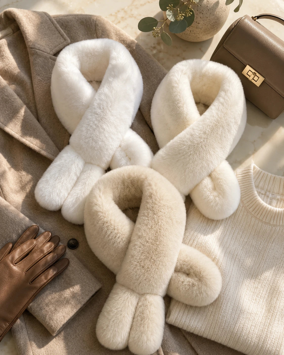Capricornus Living Snow White, Ivory, and Mocha genuine Rex rabbit fur crossover scarves styled with winter layers