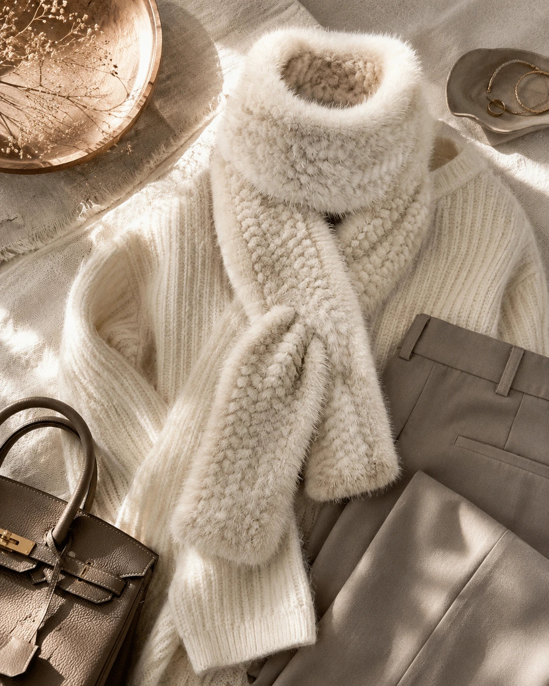Ivory beige genuine mink fur long scarf styled with neutral winter layers