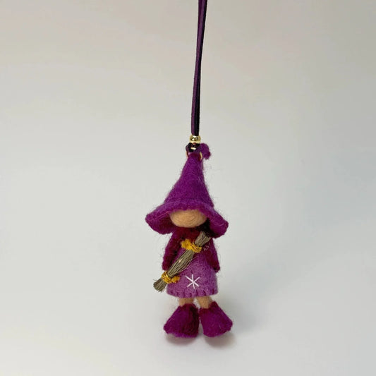 Purple handmade wool felt witch bag charm with cord loop