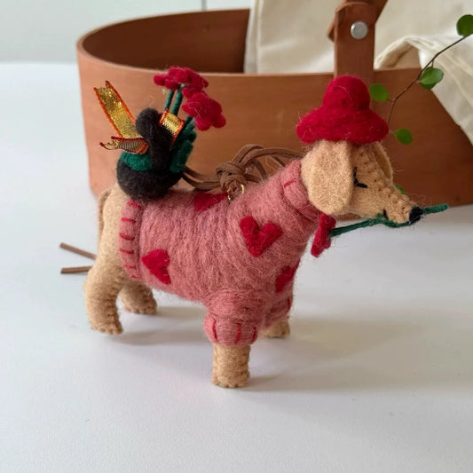 Handmade rose dog wool felt charm with leather cord
