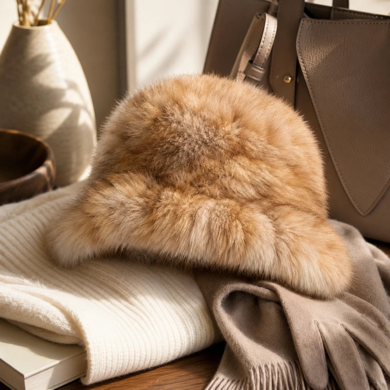 Light Sable Brown genuine sable fur bucket hat styled with winter accessories