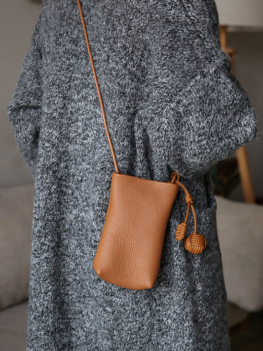 Women's top-grain cowhide mini phone crossbody bag in Cognac Brown