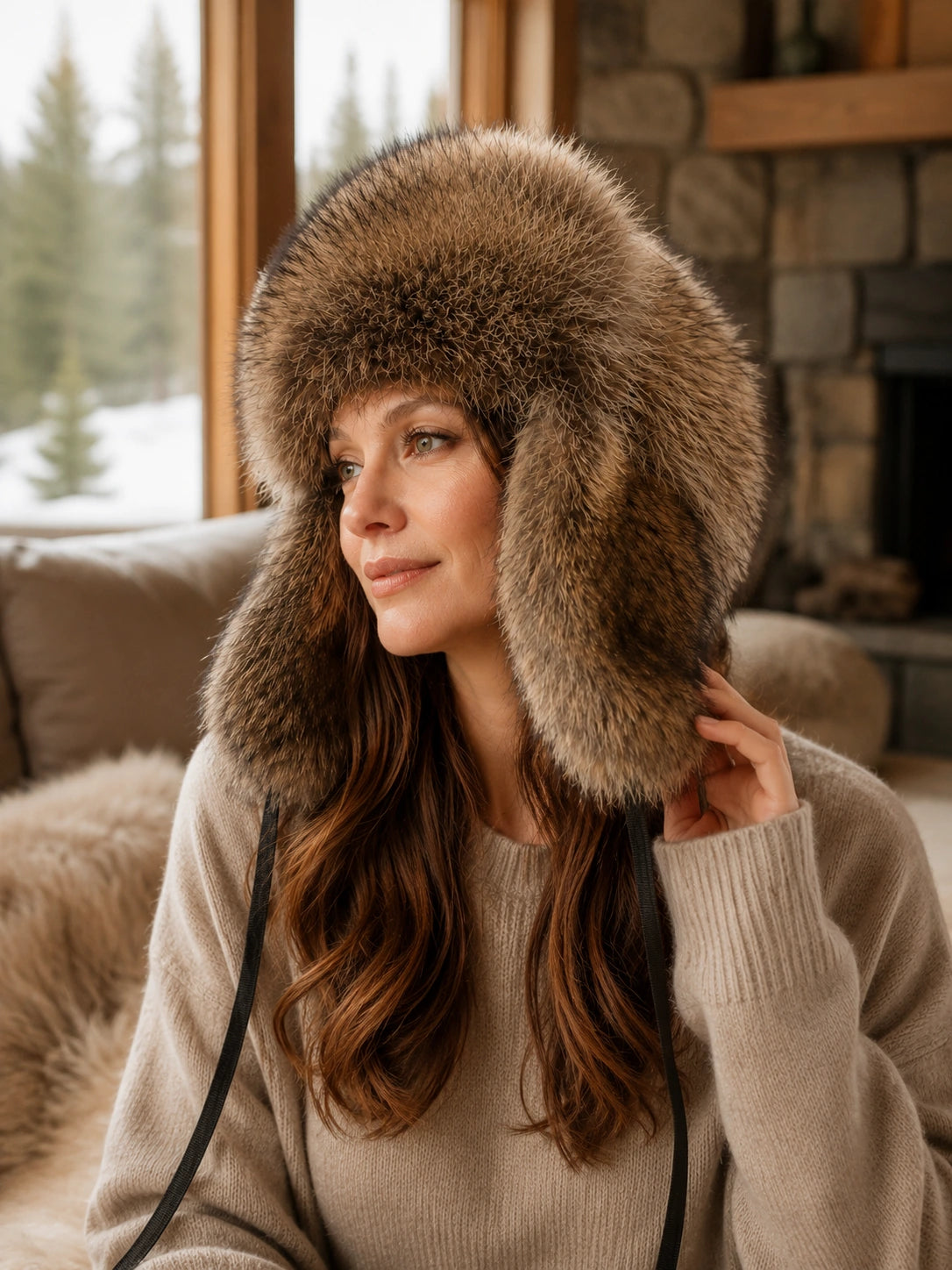 Woman wearing a genuine raccoon fur earflap trapper hat in a winter cabin