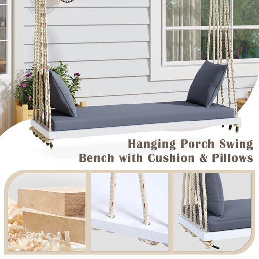 Acacia Wood Porch Swing Bench with Cushions – White – view 2