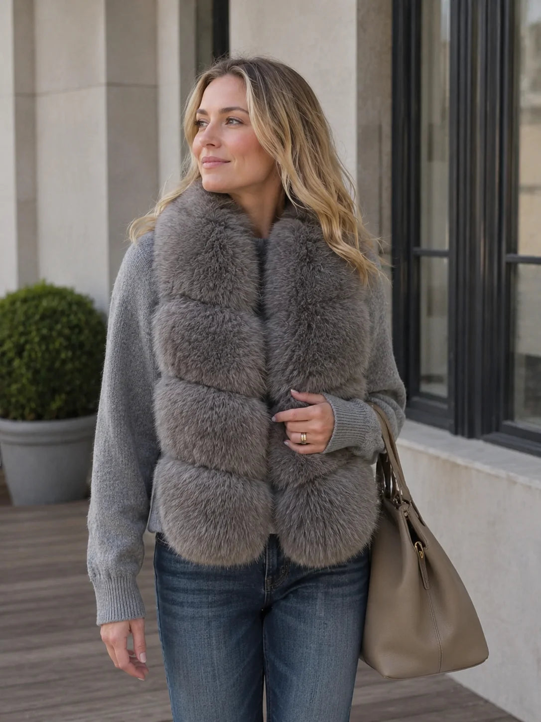Woman wearing a gray taupe blue fox fur scarf in the city