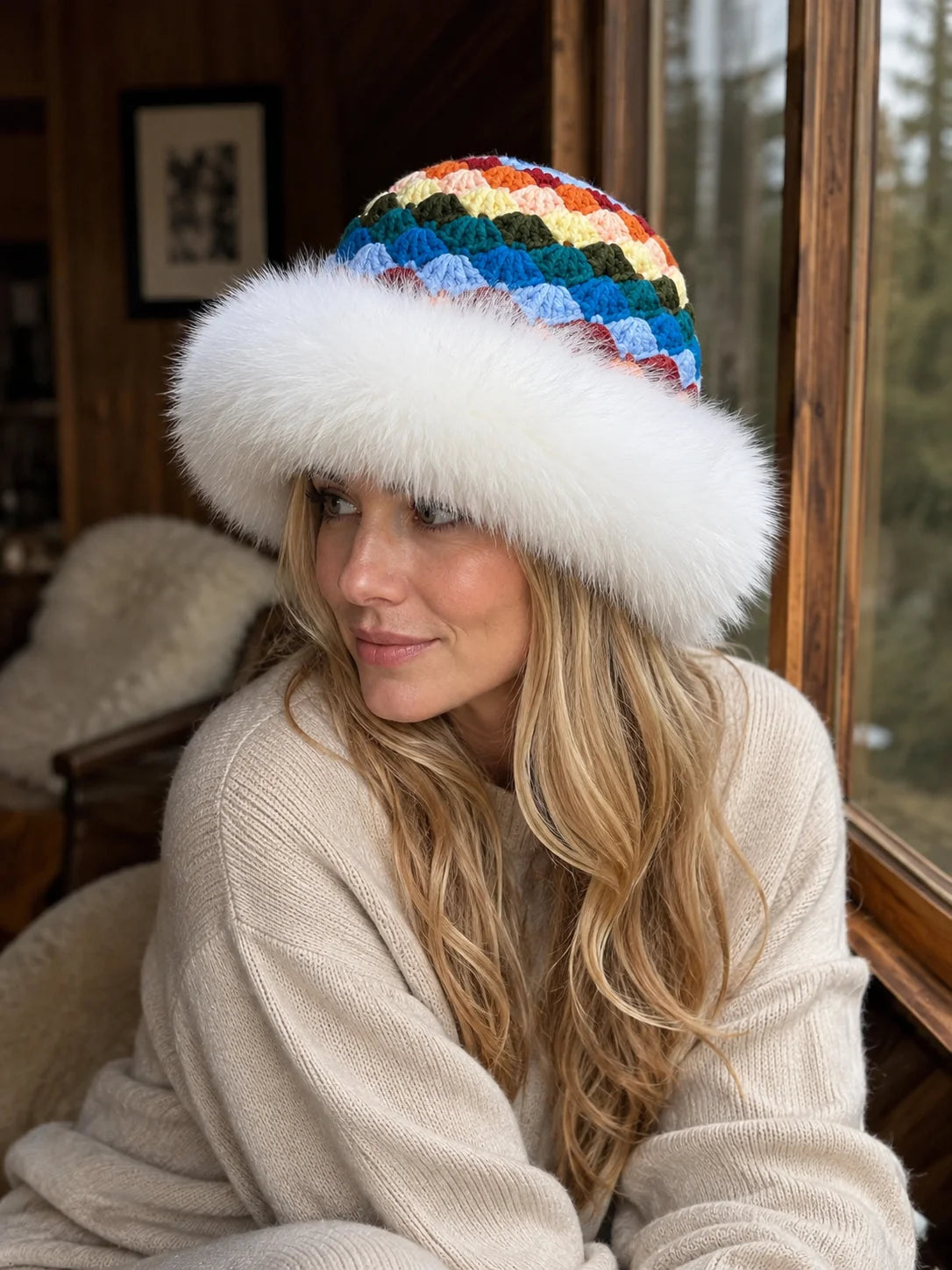 Woman wearing a white fox-fur-trim crochet bucket hat inside a rustic lodge