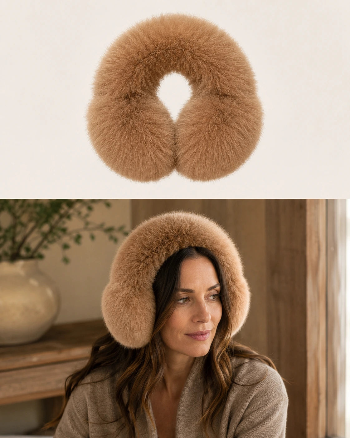 Caramel brown genuine fox fur earmuffs shown as a product and worn in a warm natural interior