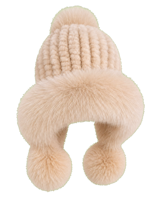 Soft Ivory genuine mink and fox fur knitted earflap hat on transparent background