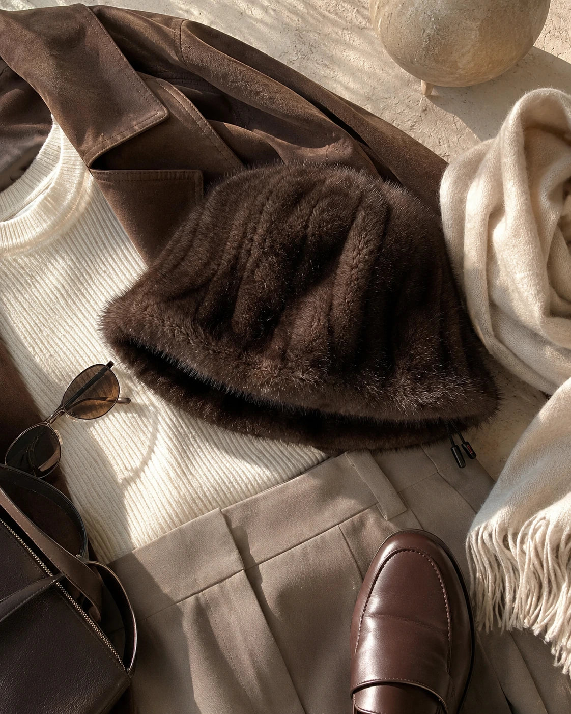 Dark brown genuine mink fur bucket hat styled with warm neutral winter layers