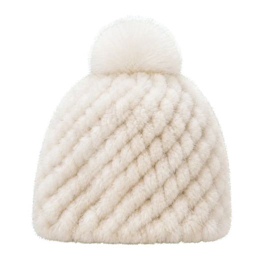 Soft Ivory women's genuine mink fur knitted beanie with fox fur pom-pom on transparent background