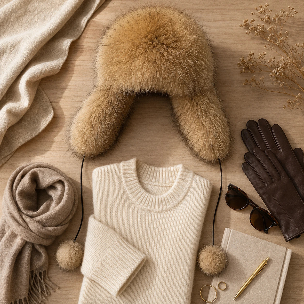 Golden brown natural-fur ushanka styled with practical winter accessories