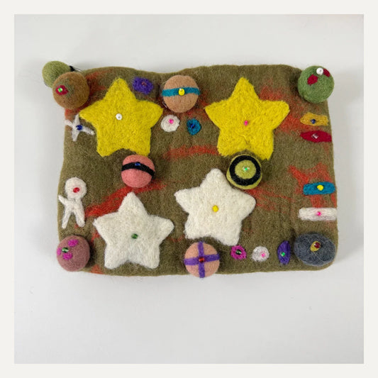 Olive green handmade wool felt planet crossbody bag with dimensional appliques