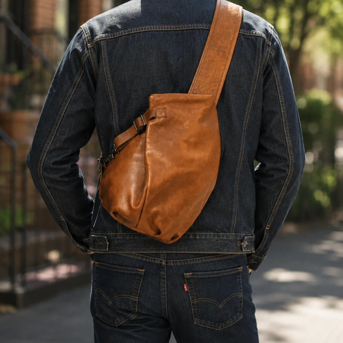First-layer cowhide leather sling chest bag in Vintage Brown, worn crossbody